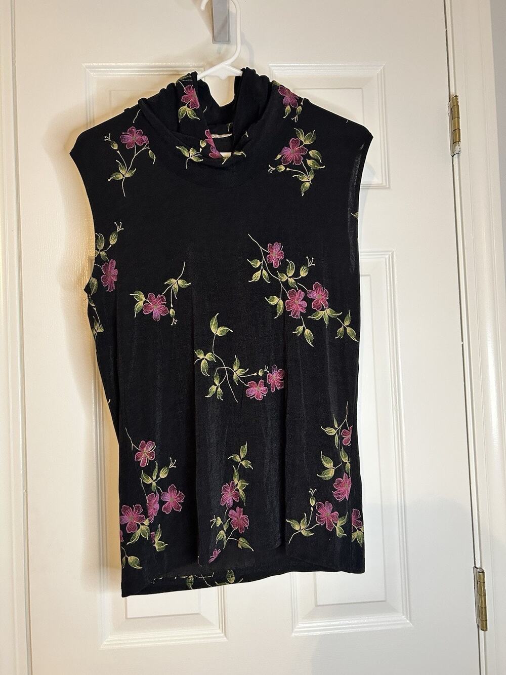 Susan Lawrence Floral Mock Neck Sleeveless Top Black Pink Womens M Y2K Style